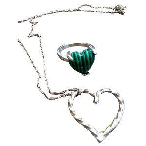 Heart Themed Necklace and Ring Green Black Silver Tone Unique Vintage Sz 6.5